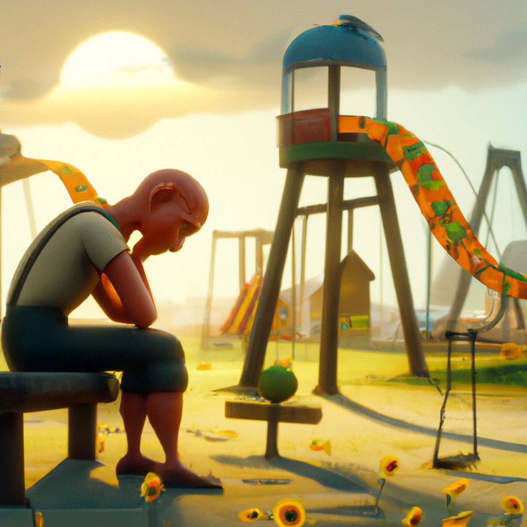 In the illustration, a sad-faced Dad kneels in the middle of an empty playground, surrounded by swings and slides that no longer hold his daughter's laughter.