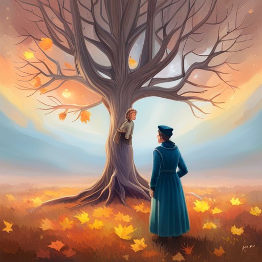 The illustration depicts a golden-brown maple tree in autumn with Lucy and Grandma looking up to the sky, imagining a cold winter ahead.