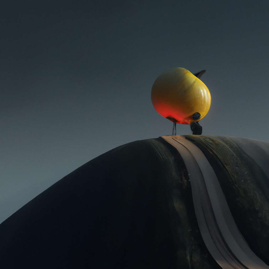 An illustration of a small pumpkin, illuminated by a crescent moon, walking up a winding hill in the darkness with a determined look on its face. in a painting from stalenhag, 8 k, hdr, artstation, concept art