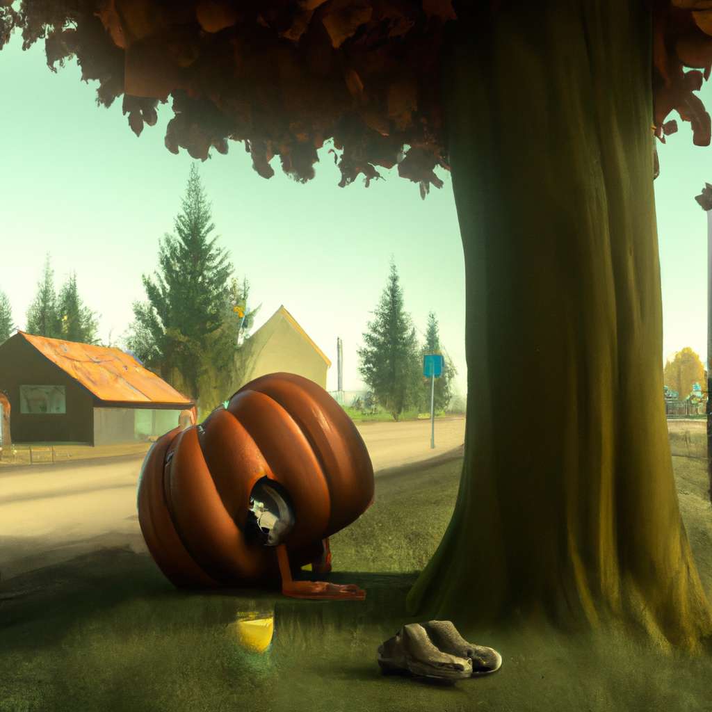 An illustration of a small pumpkin laying under a shady bad tree, clutching his mouth in pain due to a sudden toothache. in a painting from stalenhag, 8 k, hdr, artstation, concept art