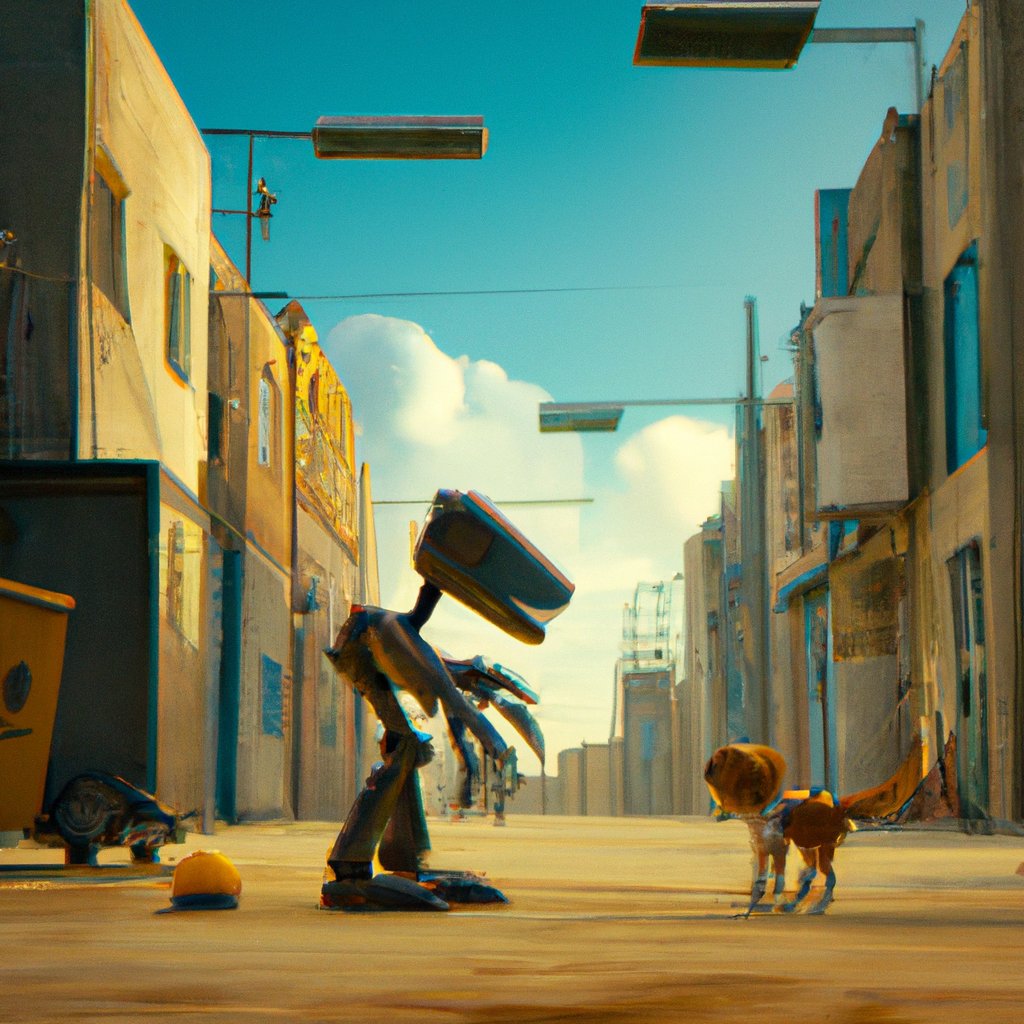 The brave talking dog and its new friend stood boldly against the menacing evil robot in the alley, ready to thwart its devious plan to take over the city.