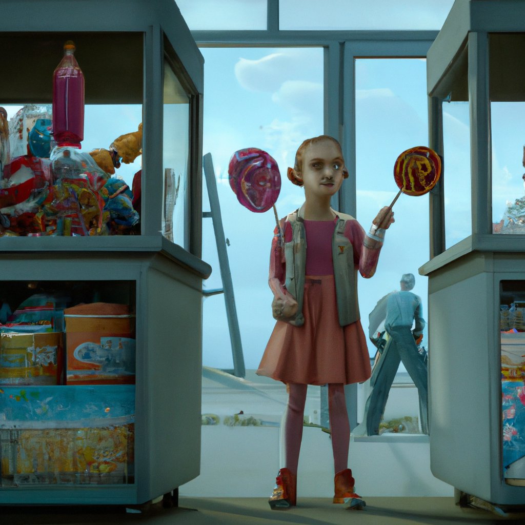 Lola, eager and mischievous, grinned as she stocked up on sugary sweets from the candy store, oblivious to her parents' warnings about dental health. in a painting from stalenhag, 8 k, hdr, artstation, concept art