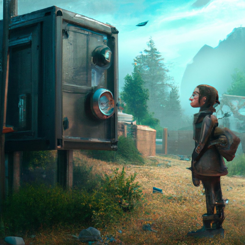 Mia, eager for adventure, found an old-fashioned time machine in her backyard, much to her delight. in a painting from stalenhag, 8 k, hdr, artstation, concept art