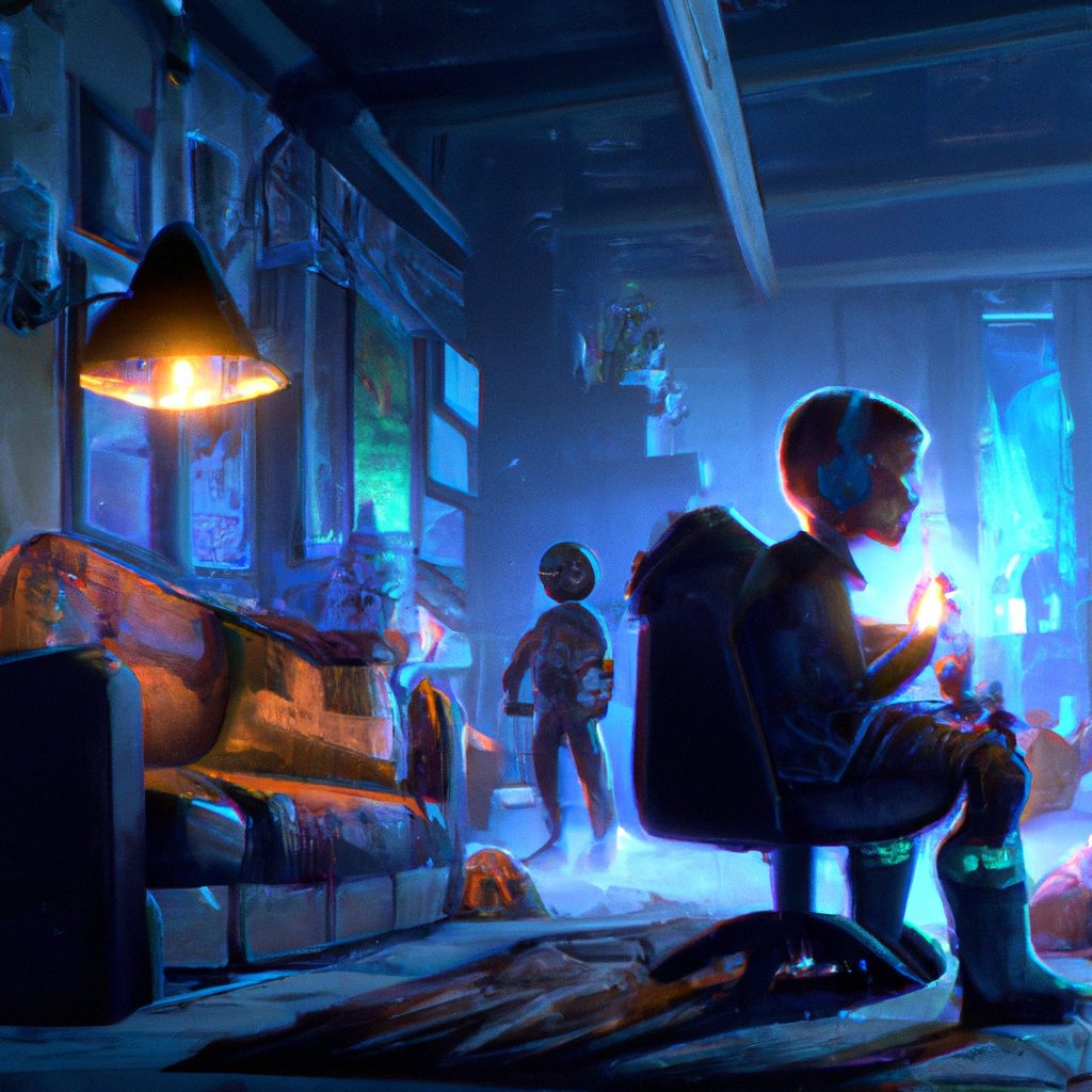 Ayden, excited and energetic, sat hunched over his Xbox One, playing Fortnite late into the night. in a painting from stalenhag, 8 k, hdr, artstation, concept art