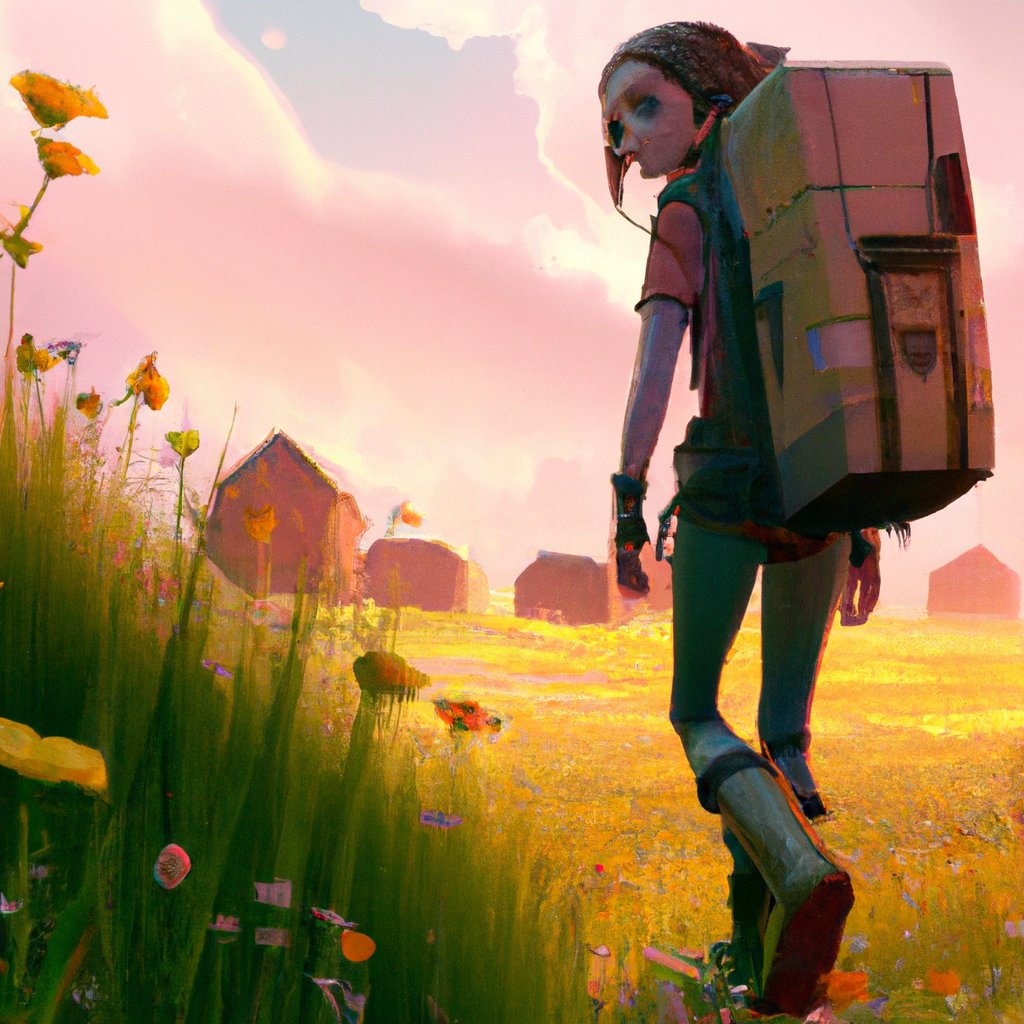 The illustration depicted Melody confidently striding through a bright, colorful meadow, with a determined but gentle expression on her face and a heavy knapsack slung over her shoulder. in a painting from stalenhag, 8 k, hdr, artstation, concept art