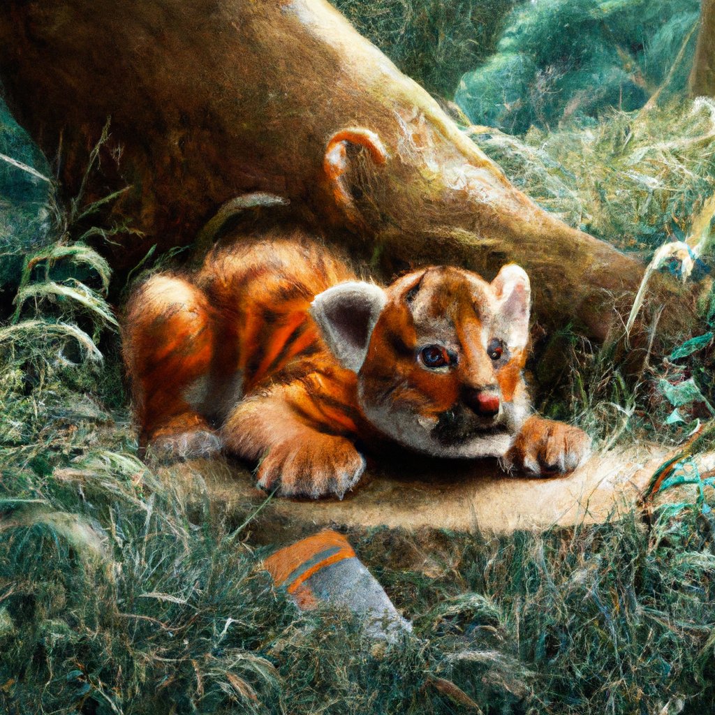 Tiggie, the playful and curious baby tiger cub, lay wide-awake in the jungle, eagerly exploring his surroundings but unable to drift off into dreamland. in a painting from stalenhag, 8 k, hdr, artstation, concept art