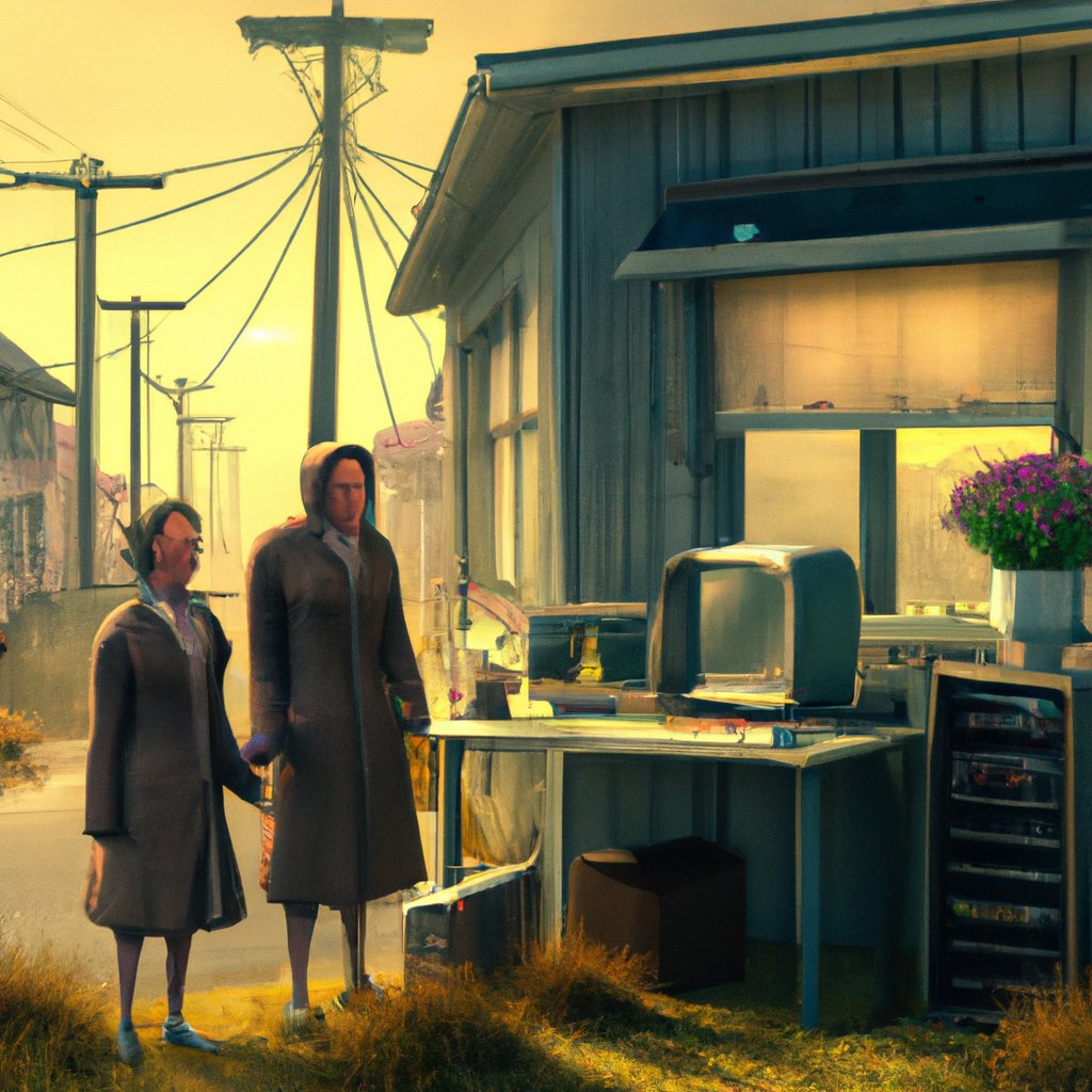 Mama and Mama Bessie, with their years of experience, sold the finest computers in town, offering a unique business opportunity. in a painting from stalenhag, 8 k, hdr, artstation, concept art