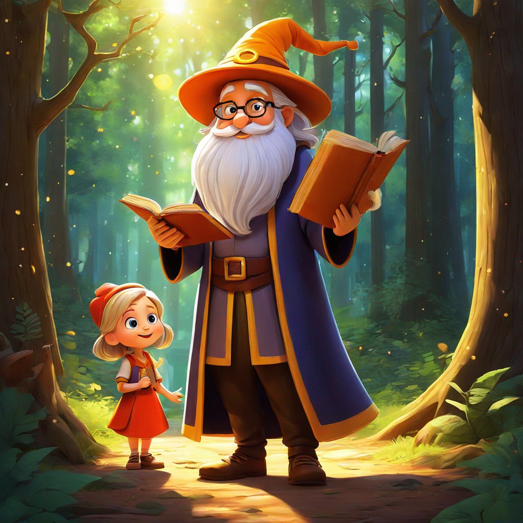 painting, male, female, following, old wizard, forest, sun-dappled, wonder